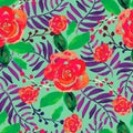 Red water color roses forest with purple and green leaves and multi color berries on teal background seamless repeat pattern. Royalty Free Stock Photo