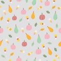 Vector illustration of repeat pattern with pears, fall leaves, halloween candy, and pumpkins on a grey background. Royalty Free Stock Photo