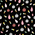 Vector illustration of repeat pattern with pink pears, fall leaves, halloween candy, and white pumpkins on a black Royalty Free Stock Photo