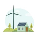 Vector illustration of a residential house with solar panels on the roof wind turbine in nature on field with green grass trees Royalty Free Stock Photo
