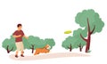 Vector illustration of rest in the city park. Young man playing with dog. Outdoor activities.