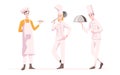 Vector illustration restaurant staff employees. Standing woman chef cook with colander, a pastry chef with cheesecake