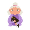 Vector illustration of retired, senior woman embracing black cat