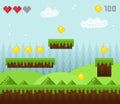 Vector illustration of retro style pixel game landscape, pixelated game scenery icons, old game background, pixel design Royalty Free Stock Photo