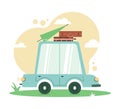 Vector illustration of retro stylized blue car with suitcases and Beach umbrella. Summer trip concept.