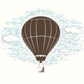 Vector Illustration Of Retro Textured Journal Travel Background With Balloon, Sky, Clouds. Vintage Template For Card