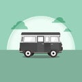 Vector Illustration - Retro Travel Red Van. Moon. Surfer Van. Vintage Travel Car. Old Classic Camper Minivan. Retro Hippie Bus.