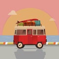 Vector Illustration - Retro Travel Red Van. Sea. Surfer Van. Vintage Travel Car. Old Classic Camper Minivan. Retro Hippie Bus.