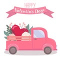 Vector illustration retro valentines truck with heart and flowers and lettering Happy valentines day.