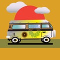 Vector illustration of a retro van with sunset background Royalty Free Stock Photo