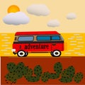 Vector illustration of a retro van with sunset background Royalty Free Stock Photo