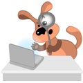 Vector illustration, a richon on a square white background - a dog in a medical mask looks into the magnifying glass monitor of a
