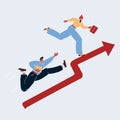 Vector illustration of rising finance graph and people run up. Man and woman compete in finance on white background