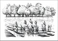 Vector illustration of river landscape with trees, water waves and reflexion. Black and white sketch. Royalty Free Stock Photo