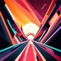 Vector illustration of a road in an abstract city with the sun in the background Generative AI Royalty Free Stock Photo