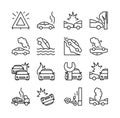 Vector illustration of road accident icon set. Collection of line icons of different types car crash, passenger car