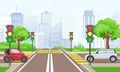 Vector illustration of road cross with cars in the big modern city. Street with traffic lights in flat style. Royalty Free Stock Photo