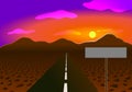 Vector illustration. Road in the desert to the mountains. Sunset and stones Royalty Free Stock Photo