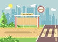 Vector illustration of roadside cartoon landscape with roadway, road, sidewalk and empty bus stop for school in flat Royalty Free Stock Photo