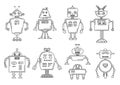 Vector illustration of a Robot. Mechanical character design. Set of four different robots. Coloring book page