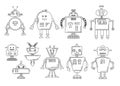 Vector illustration of a Robot. Mechanical character design. Set of four different robots. Coloring book page