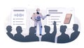 Vector illustration of a robot performing in front of an audience. The robot makes a presentation, the listeners actively
