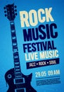 Vector illustration rock festival concert event flyer or poster design with guitar and vintage effects
