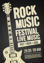 Vector illustration rock festival concert event flyer or poster design with guitar and vintage effects