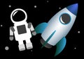 Vector illustration of rocket spaceship and astronaut in spacesuit levitating