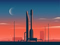 Vector illustration of a rocket spaceship at sunset preparing for launch