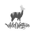 Vector illustration: Roe Deer with pine forest and hand lettering of Wild Nature. Double exposition.