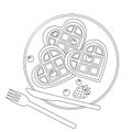 vector illustration romantic breakfast Viennese heart-shaped waffles with blueberries and strawberries, cutlery, doodle style Royalty Free Stock Photo