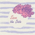 Vector illustration romantic template with pink carnation, lilac watercolor sripes. Save the date, bridal shower