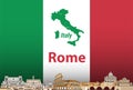 Vector illustration of Rome city skyline with flag and map of Italy on background Royalty Free Stock Photo