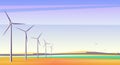 Vector illustration with rotation windmills for alternative energy resource in spacious field with blue sky.