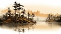 Volcano Sketch: Pine Trees Along Water