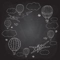 Vector illustration, round frame with hot air balloons