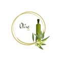 Vector illustration of a round frame or wreath of an olive tree with fruits and a bottle of olive oil. For invitations, thank you Royalty Free Stock Photo