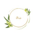 Vector illustration of a round frame or wreath of olive tree with fruits. For invitations, thank you cards, labels and Royalty Free Stock Photo