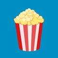 Vector illustration of a round striped popcorn box bucket with pop corn . Movie snack. Time to watch and eat. Isolated in white Royalty Free Stock Photo