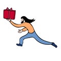 Vector illustration of running man with big red box with gift. Bright design element. Use as a sticker, decorative idea.
