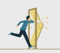 Vector illustration of a running man with a mask on his face, destroying a closed door in his path Royalty Free Stock Photo