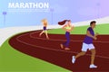 Vector illustration with running peoples. Group of marathon runners on treadmills.