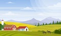 Vector illustration of rural landscape. Beautiful countryside with farm and horses on fields, house and mountains for Royalty Free Stock Photo