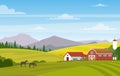 Vector illustration of rural landscape with farm. Horses in summer fields and pastures. Country landscape with mountains