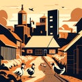 of a rural street with ducks and geese at sunset AI generated