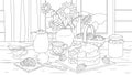 Vector illustration, rustic table with sweets and pastries, confectionery decorated with flowers
