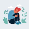 Vector illustration of sad boy child does not want to listen to anyone and constantly cries. He feels bad, lonely, sad