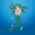 Vector illustration of a sad mermaid with tears in her eyes in an urban pond with garbage attracting attention to environmental