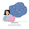 Vector illustration, sad teenage girl. Cyberbullying, trolling concept.